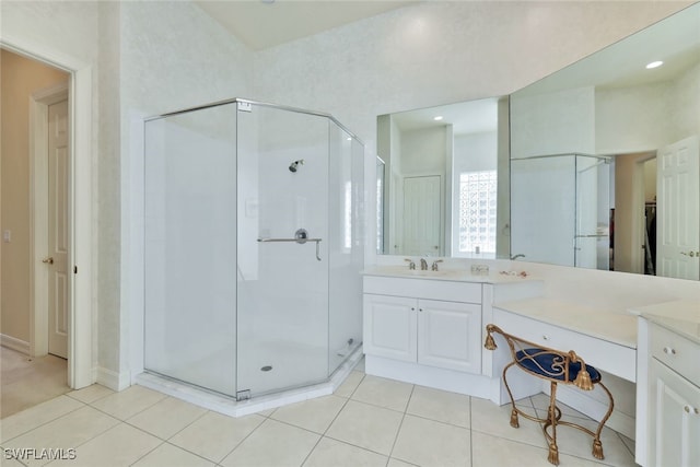 bathroom with tile patterned floors, vanity, and an enclosed shower