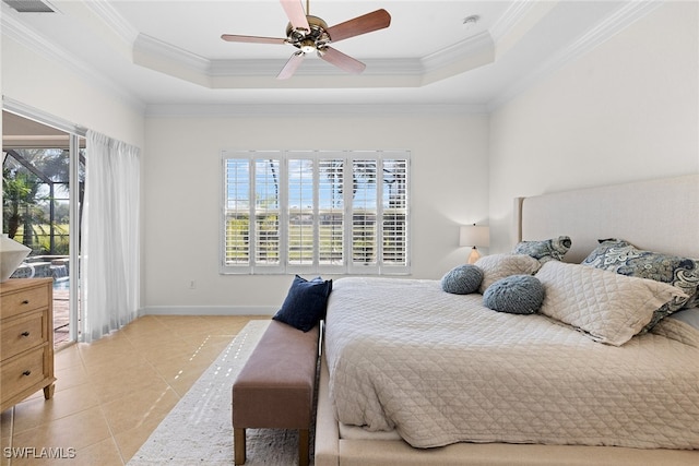 bedroom featuring ceiling fan, crown molding, access to outside, and multiple windows