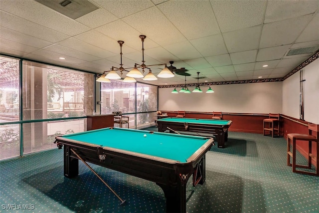 rec room featuring billiards, visible vents, a drop ceiling, and carpet flooring