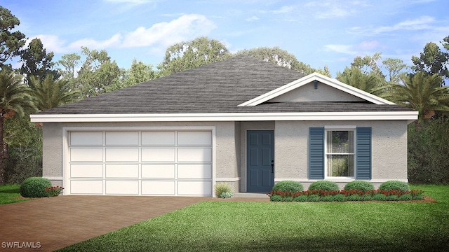 ranch-style home featuring driveway, an attached garage, a front lawn, and stucco siding