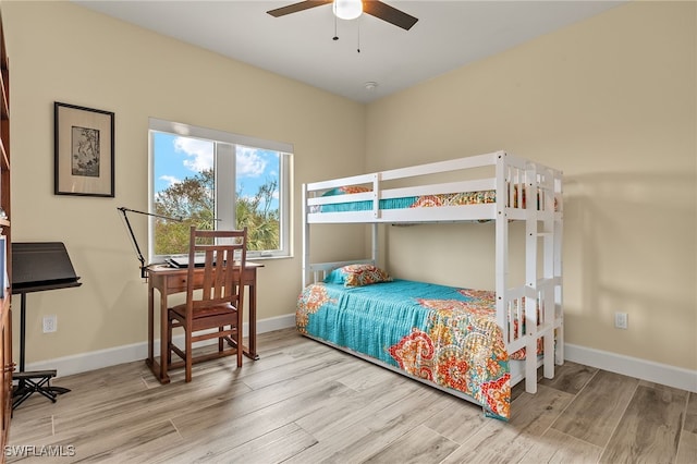 bedroom featuring ceiling fan and light wood-type flooring