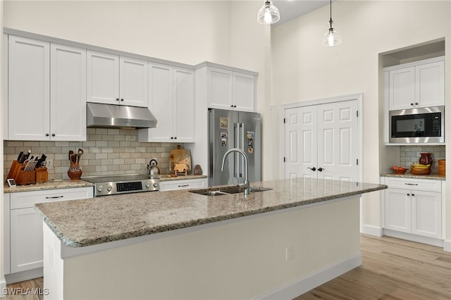 kitchen featuring hanging light fixtures, an island with sink, stainless steel appliances, and light wood-type flooring