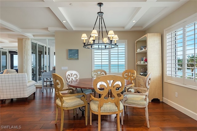 dining space with beam ceiling, dark hardwood / wood-style floors, an inviting chandelier, and coffered ceiling