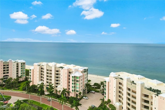 drone / aerial view with a beach view and a water view