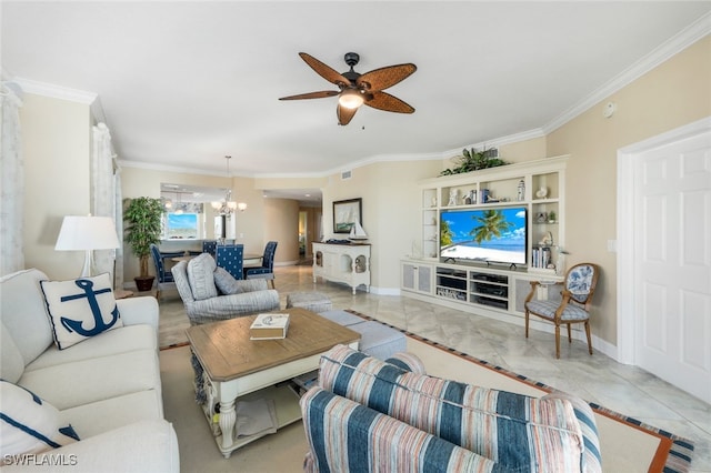 living room with ceiling fan with notable chandelier and ornamental molding