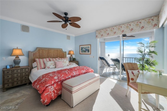 bedroom featuring ceiling fan, access to exterior, and ornamental molding