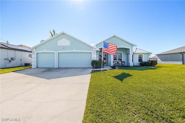 ranch-style house with a garage, central AC, and a front lawn