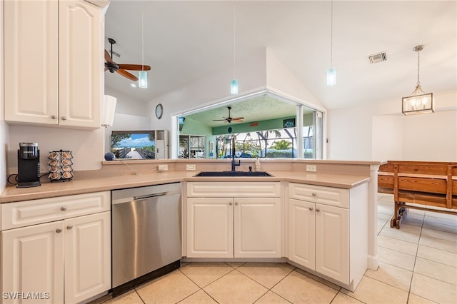 kitchen with pendant lighting, sink, stainless steel dishwasher, and ceiling fan