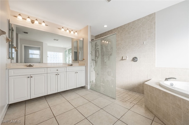 bathroom with vanity, separate shower and tub, and tile patterned floors