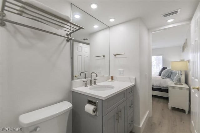 bathroom featuring vanity, wood-type flooring, and toilet