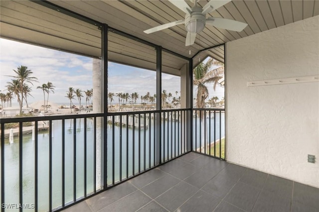 balcony featuring ceiling fan and a water view