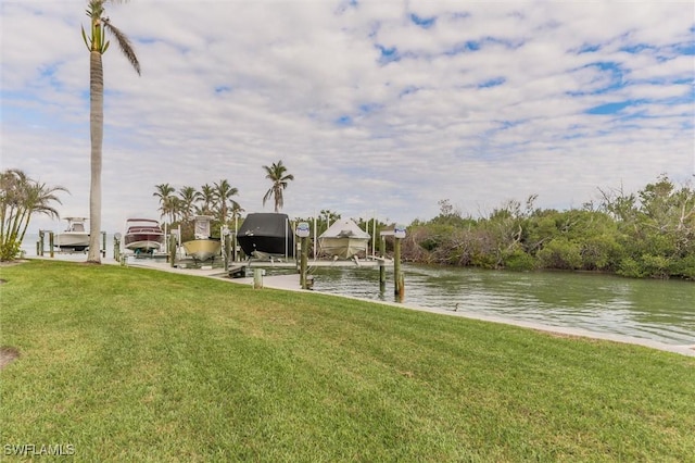 view of dock featuring a water view and a lawn