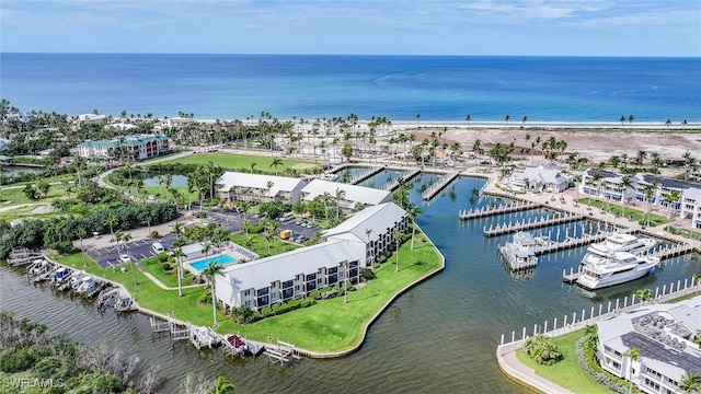 birds eye view of property featuring a water view