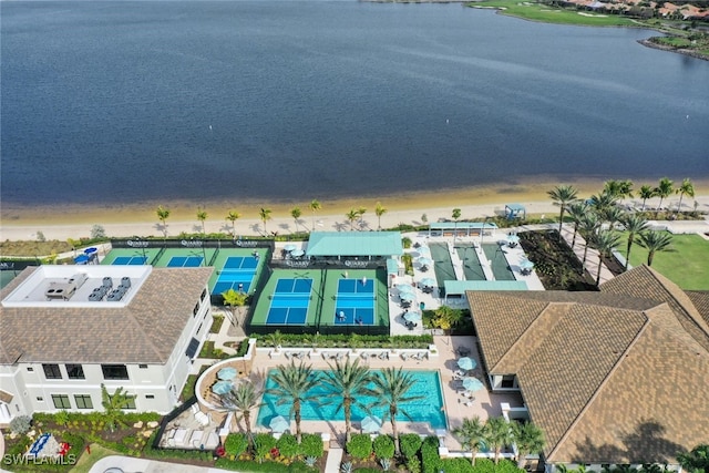 birds eye view of property featuring a water view