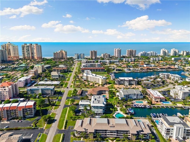 bird's eye view with a water view