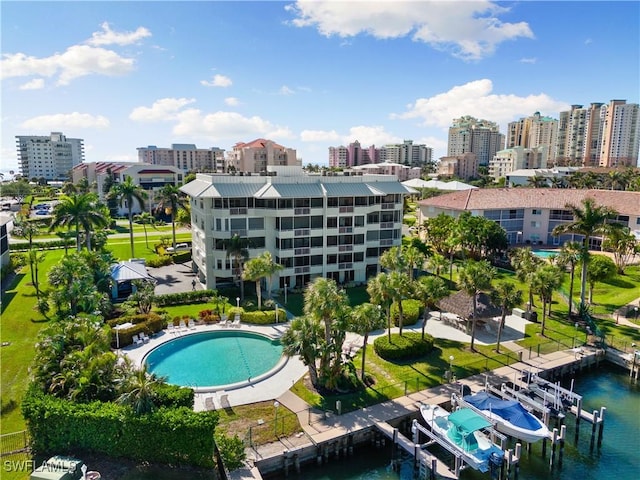 bird's eye view with a water view