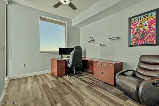 home office featuring light hardwood / wood-style flooring and ceiling fan