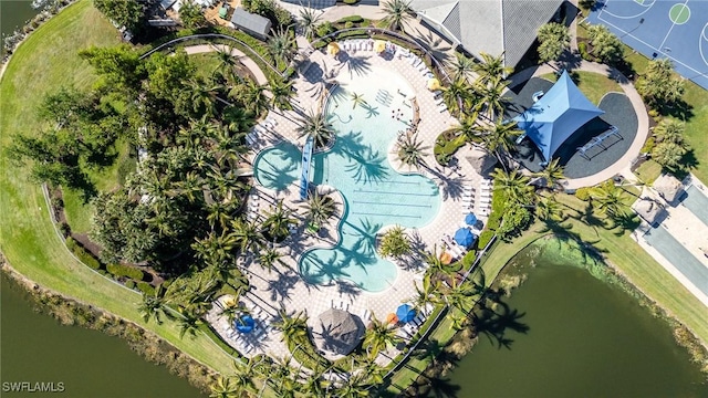 drone / aerial view featuring a water view