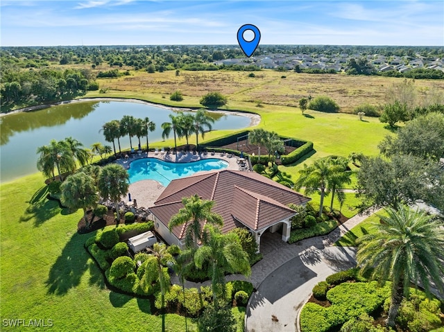 birds eye view of property featuring a water view