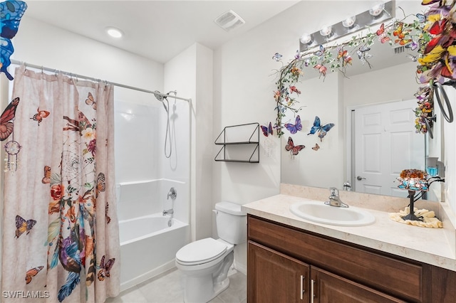 full bathroom featuring tile patterned flooring, vanity, toilet, and shower / bathtub combination with curtain