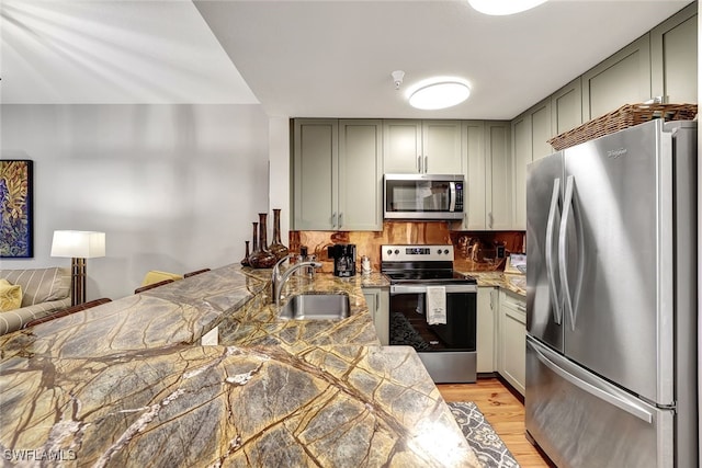 kitchen featuring stainless steel appliances, a peninsula, a sink, backsplash, and light wood finished floors