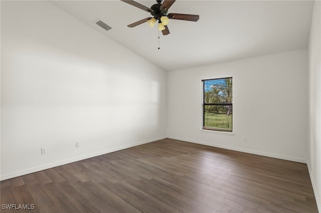 spare room with ceiling fan, dark hardwood / wood-style flooring, and high vaulted ceiling