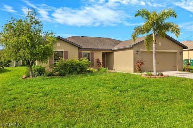 single story home with a garage and a front lawn