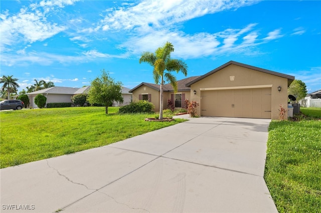 ranch-style house with a garage and a front lawn