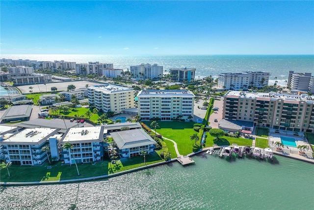 bird's eye view with a water view