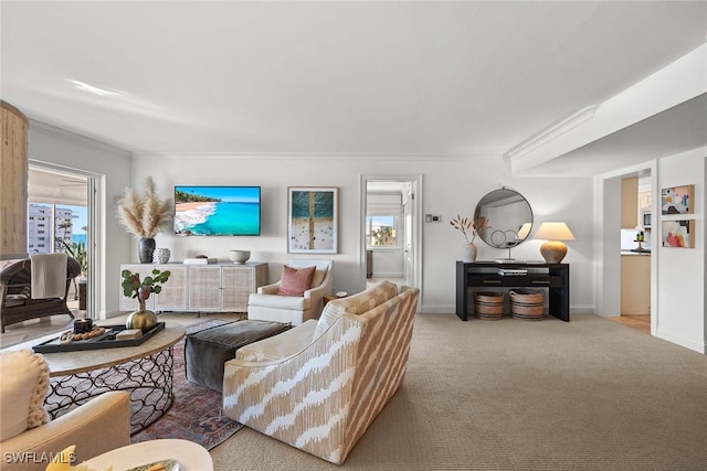 living room featuring light carpet and ornamental molding