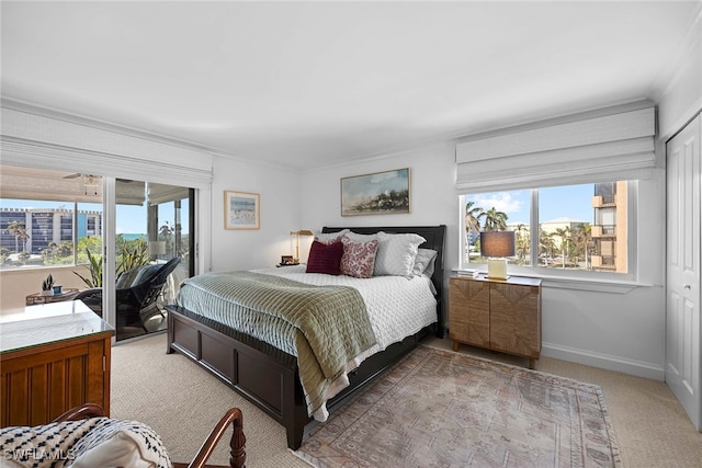 carpeted bedroom with access to outside and a closet