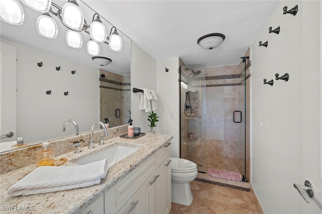 bathroom with tile patterned flooring, vanity, toilet, and walk in shower