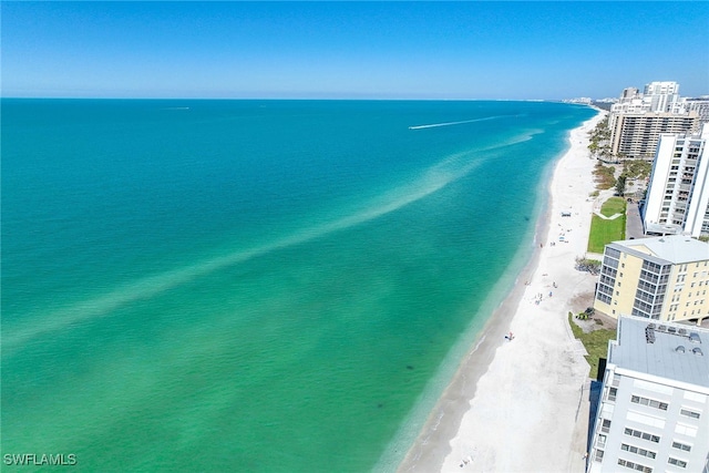 drone / aerial view with a beach view and a water view