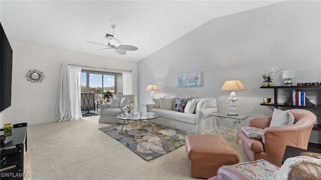 living room with high vaulted ceiling, light colored carpet, and ceiling fan