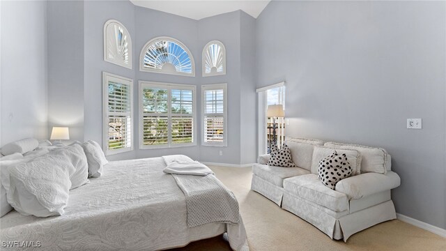 bedroom featuring a towering ceiling and carpet