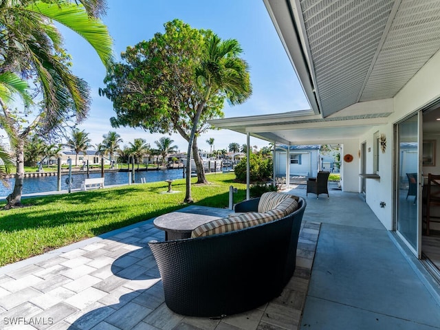 view of patio / terrace featuring a water view