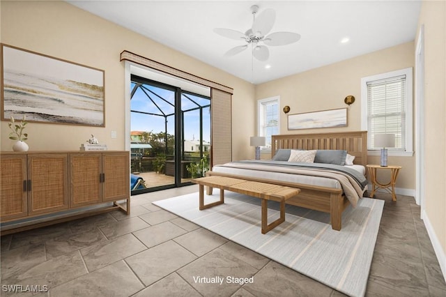 2405 Cherimoya Ln, Saint James City, FL 33956 - bedroom featuring access to exterior, recessed lighting, and a ceiling fan