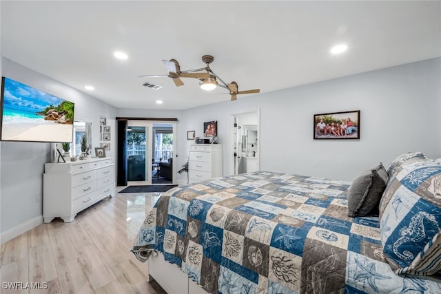 bedroom with access to exterior, light hardwood / wood-style flooring, and ceiling fan