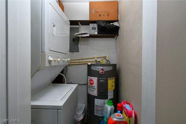 laundry room with electric water heater and stacked washing maching and dryer