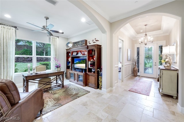 entryway featuring ceiling fan with notable chandelier