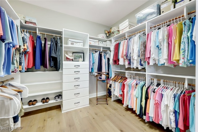 walk in closet with light hardwood / wood-style floors