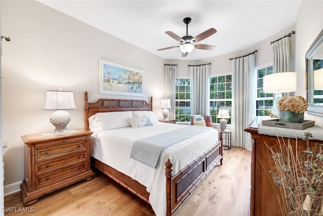 bedroom featuring ceiling fan and light hardwood / wood-style flooring