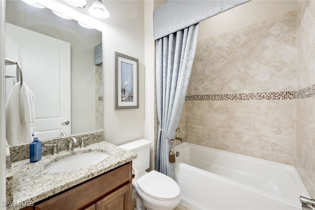 full bathroom featuring vanity, shower / bathtub combination with curtain, and toilet