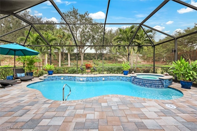 view of swimming pool with an in ground hot tub, a patio, and glass enclosure