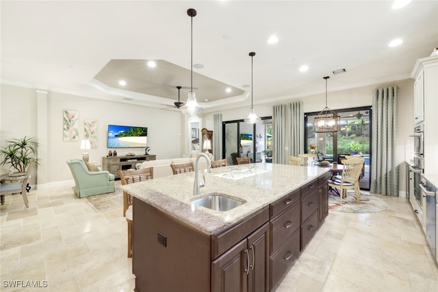 kitchen featuring dark brown cabinets, sink, an island with sink, and a tray ceiling