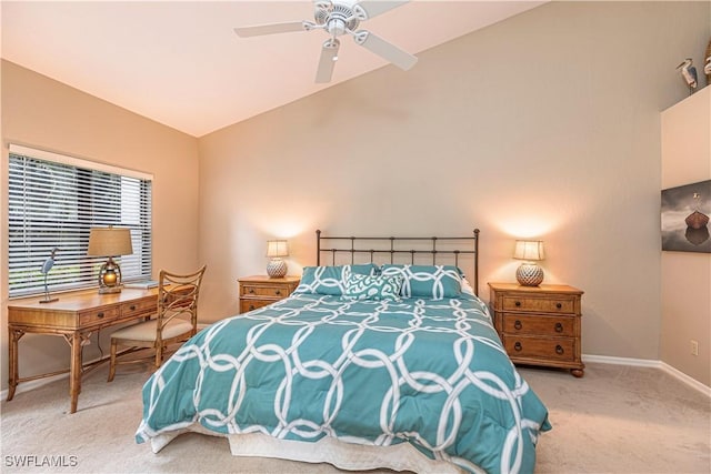 bedroom featuring light colored carpet, ceiling fan, and lofted ceiling