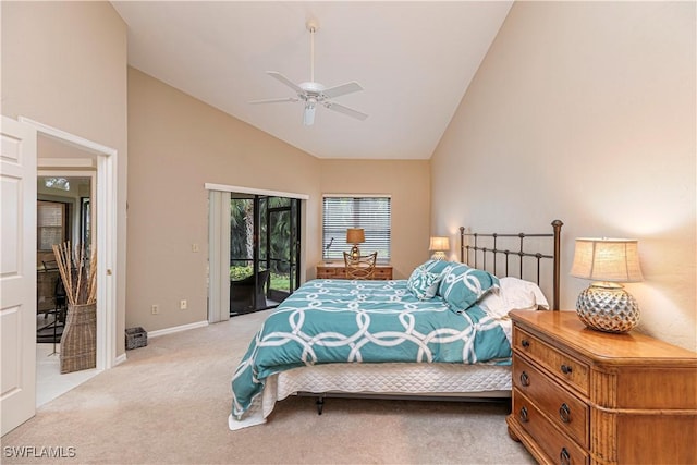 bedroom with access to exterior, light carpet, ceiling fan, and high vaulted ceiling