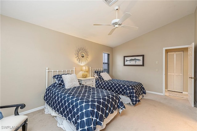 bedroom with carpet flooring, ceiling fan, and lofted ceiling