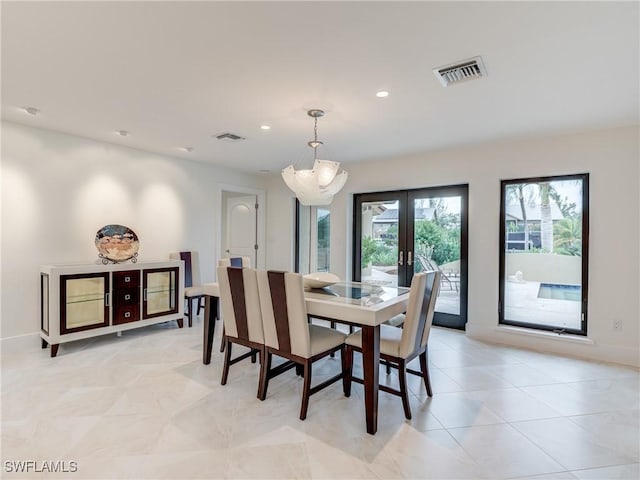 dining room with light tile patterned floors, recessed lighting, visible vents, and french doors