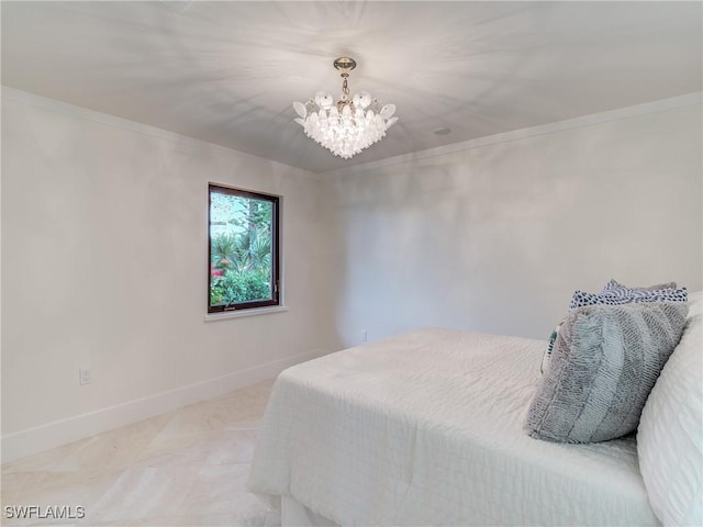 bedroom with an inviting chandelier, baseboards, and ornamental molding